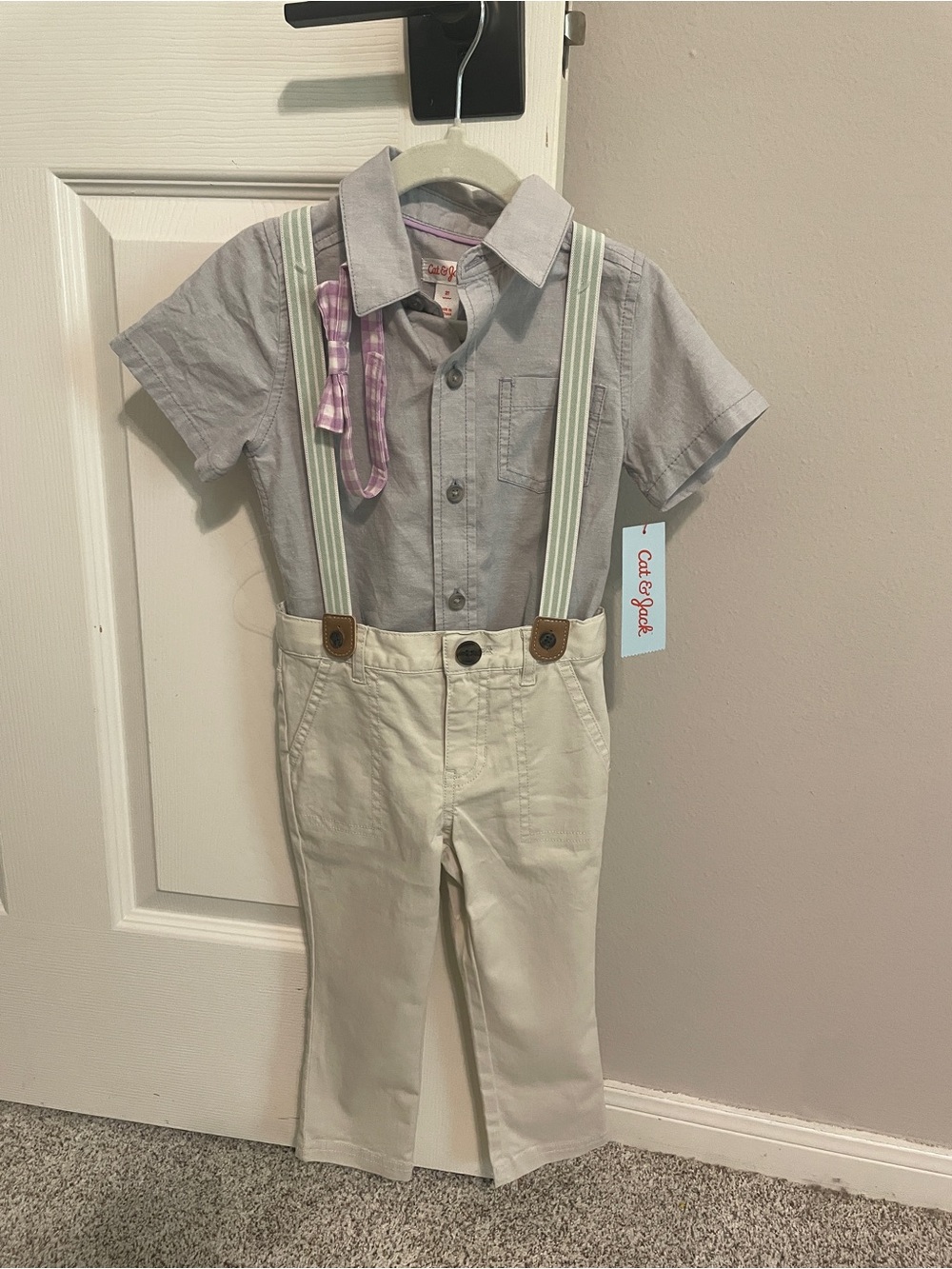 Cat & Jack Cream Pants with Light Green Striped Suspenders